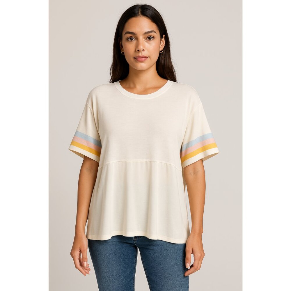 Zara WB Collection Women's Ivory Textured Blouse Colorblock Sleeves Size Large